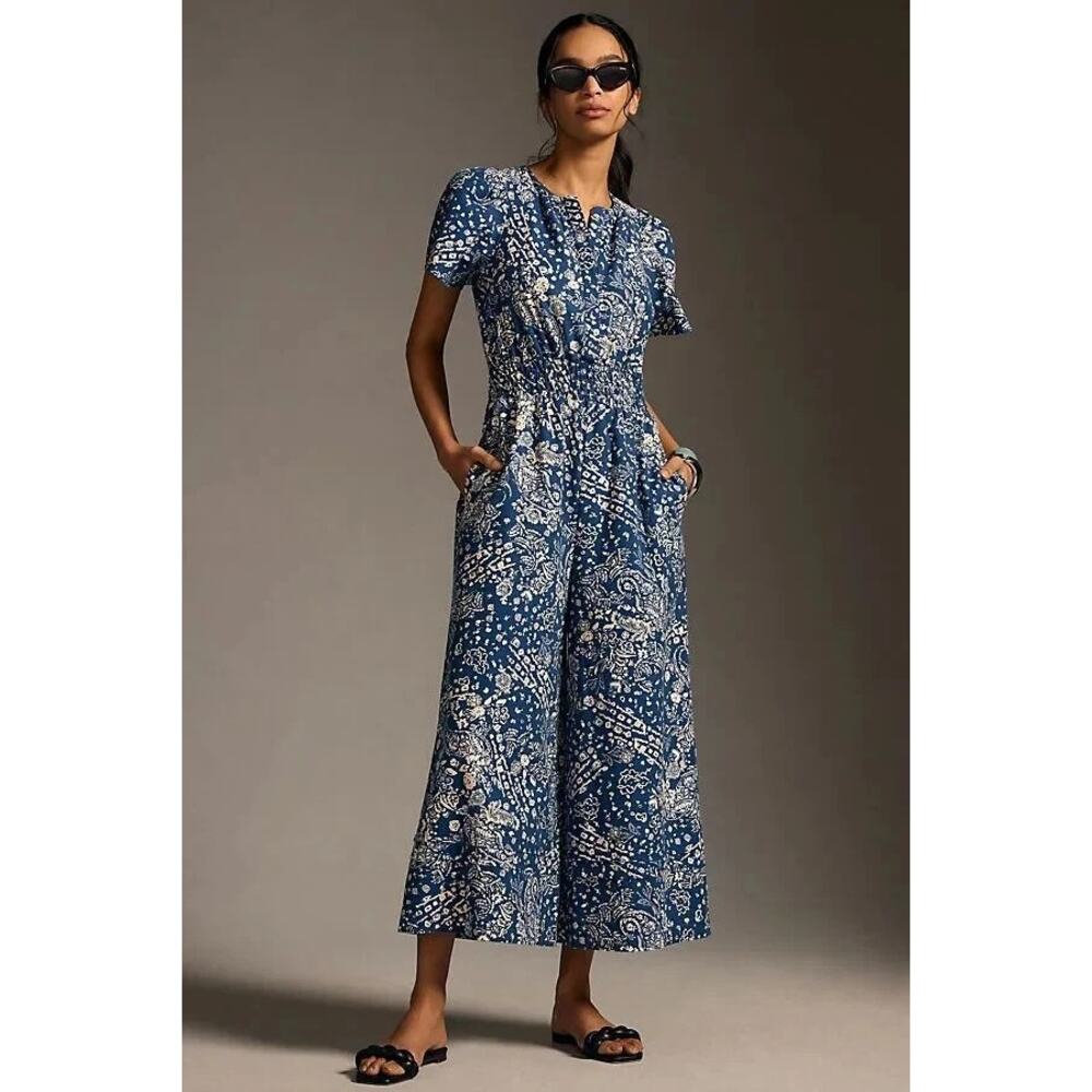 Anthropologie Somerset Blue Print Wide Leg Jumpsuit Cotton Blend Stretch Size S